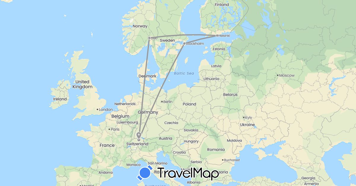 TravelMap itinerary: driving, plane in Switzerland, Finland, Norway, Sweden (Europe)